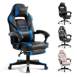 Garvee Gaming Stuhl Hoch Ergonomisch mit Fußstütze, Lendenwirbelstütze und Massage, PU-Bezug, 150° verstellbar, 360° Rollen, Blau für Büro und Spiele - 