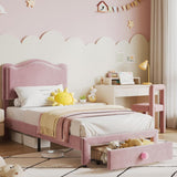 Garvee Upholstered Twin Bed Frame Mit Stauraum & Muschel-Kopfteil Für Kinderzimmer, Rosa, 25.6" x 16.9" Schublade, 6.3" Unterbett Freiraum