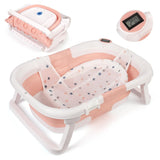 GARVEE Baby Badewanne Faltbar Platzsparend Mit Thermometer Rutschfeste Matte Für Neugeborene Und Kleinkinder Rosa - Rosa