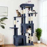 GARVEE Katzenkratzbaum 156 cm, Kratzbaum für Große Katzen mit XL-Aussichtsplattform, 2 Katzenhöhlen, Sisalstämmen und Hängespielzeug, Blau - Blau