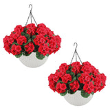 Garvee Künstliche Outdoor Geranien Blumen Set - 2 Hängekörbe Mit 12 Roten Blüten Für Garten Terrasse Weihnachten, Wetterfest, UV-beständig, Kunststoff - Weißer Blumentopf