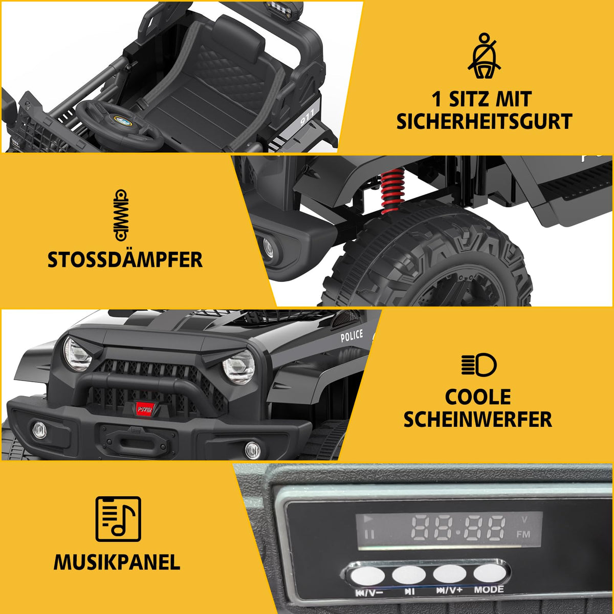 Kinder Elektroauto mit Doppeltüren LED und Geländereifen
