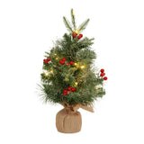 GARVEE 18 Zoll Mini Tisch Weihnachtsbaum Mit 20 LED Lichtern, Rote Beeren, Burlap Basis Für Zuhause Und Büro, Künstlich, Langlebig, Batteriebetrieben