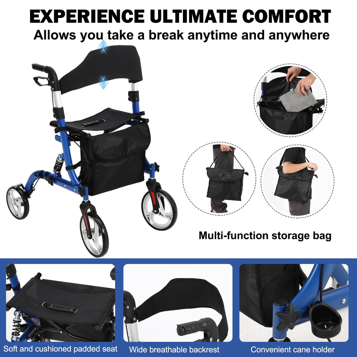 Rollator mit Sitz, Rückenlehne und Tasche