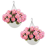 Garvee Künstliche Geranien Blumen Set 2 Mit 12 Pinken Blüten, Wetterfest, Weißer Korb, Hängend Für Garten & Terrasse Dekor - Weißer Blumentopf
