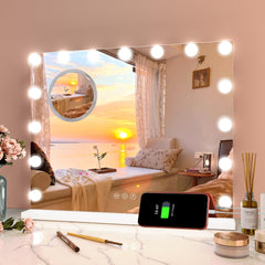 GARVEE Hollywood Schminkspiegel 58x46cm Mit 15 LED Lampen Touch Make-up Spiegel Weiß
