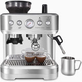 Garvee Espressomaschine mit Mahlwerk & Milchaufschäumer – 15 Bar, 2.3L Tank, Kegelmahlwerk, Automatische Milchschaumdüse - Silber