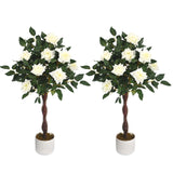 Garvee Künstlicher Rosenbaum 3FT 2er Set Mit Weißer Rose, Pflegeleicht, Polyester, Stabiler Topf Für Wohnzimmer Und Büro Dekor