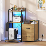 Garvee Industrieller 3-Stufiger Druckerständer Mit Schubladen, LED-Licht, Ladefunktion Für Büroorganisation, Burlywood, Robust Und Viel Stauraum - Braun