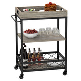 Garvee Barwagen Mit 3 Ebenen Und Weinregal, Rollen Mit Bremsen, Abnehmbares Tablett, Graues Metall, Vielseitig Für Zuhause Und Partys - Grau