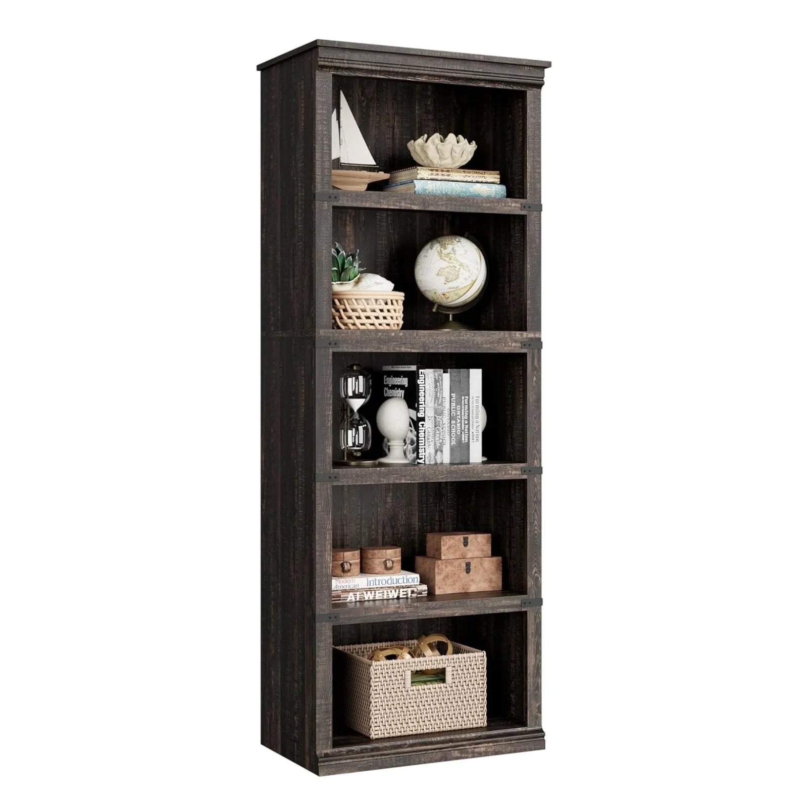 Garvee 5-stöckiges Bücherregal 62 x 32 x 171 cm, stabiles Standregal aus MDF im Kolonialstil, graues Holzregal mit Stauraum für Wohnzimmer, Büro & Arbeitszimmer, Eiche Dunkel