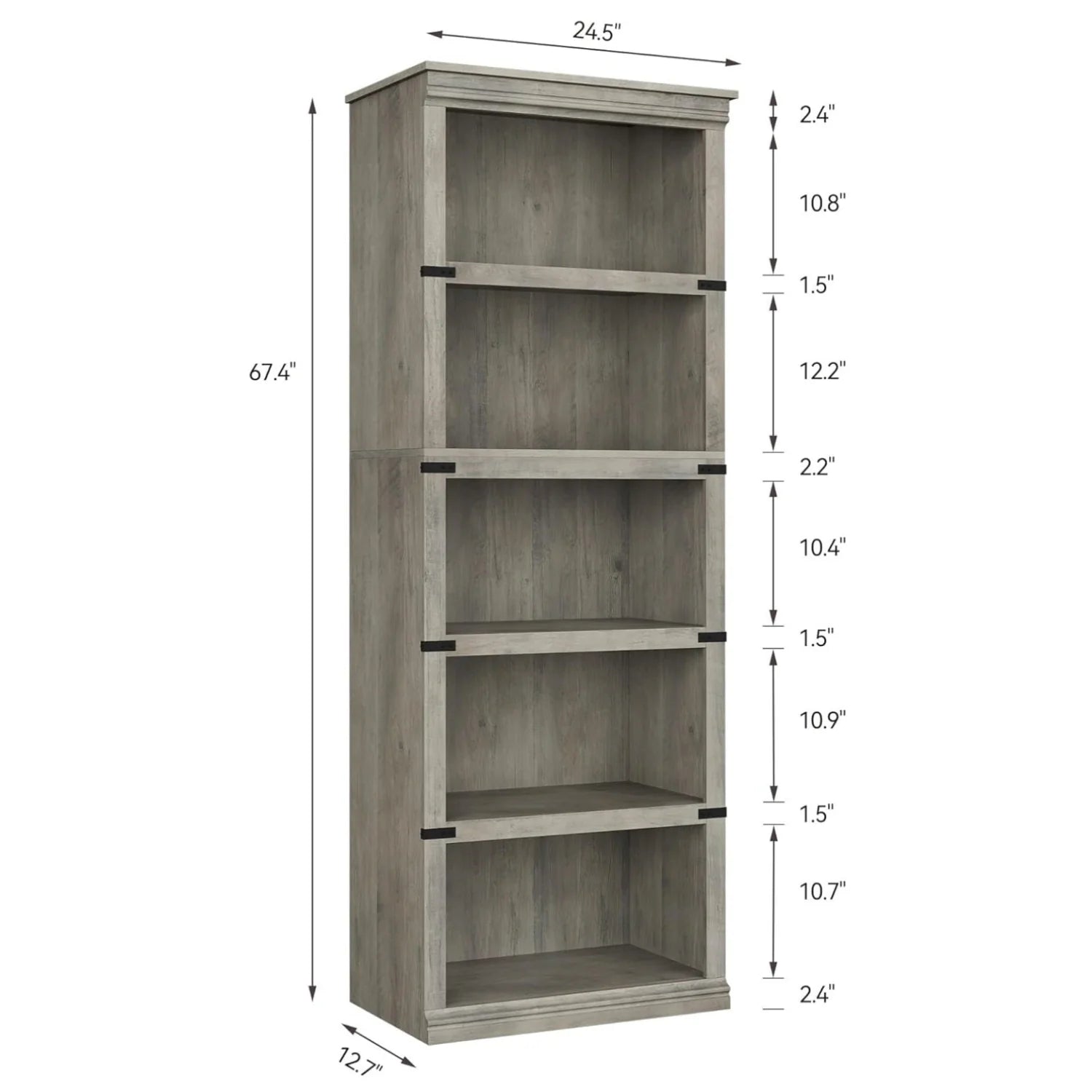 Garvee 5-stöckiges Bücherregal 62 x 32 x 171 cm, stabiles Standregal aus MDF im Kolonialstil, graues Holzregal mit Stauraum für Wohnzimmer, Büro & Arbeitszimmer, Grau