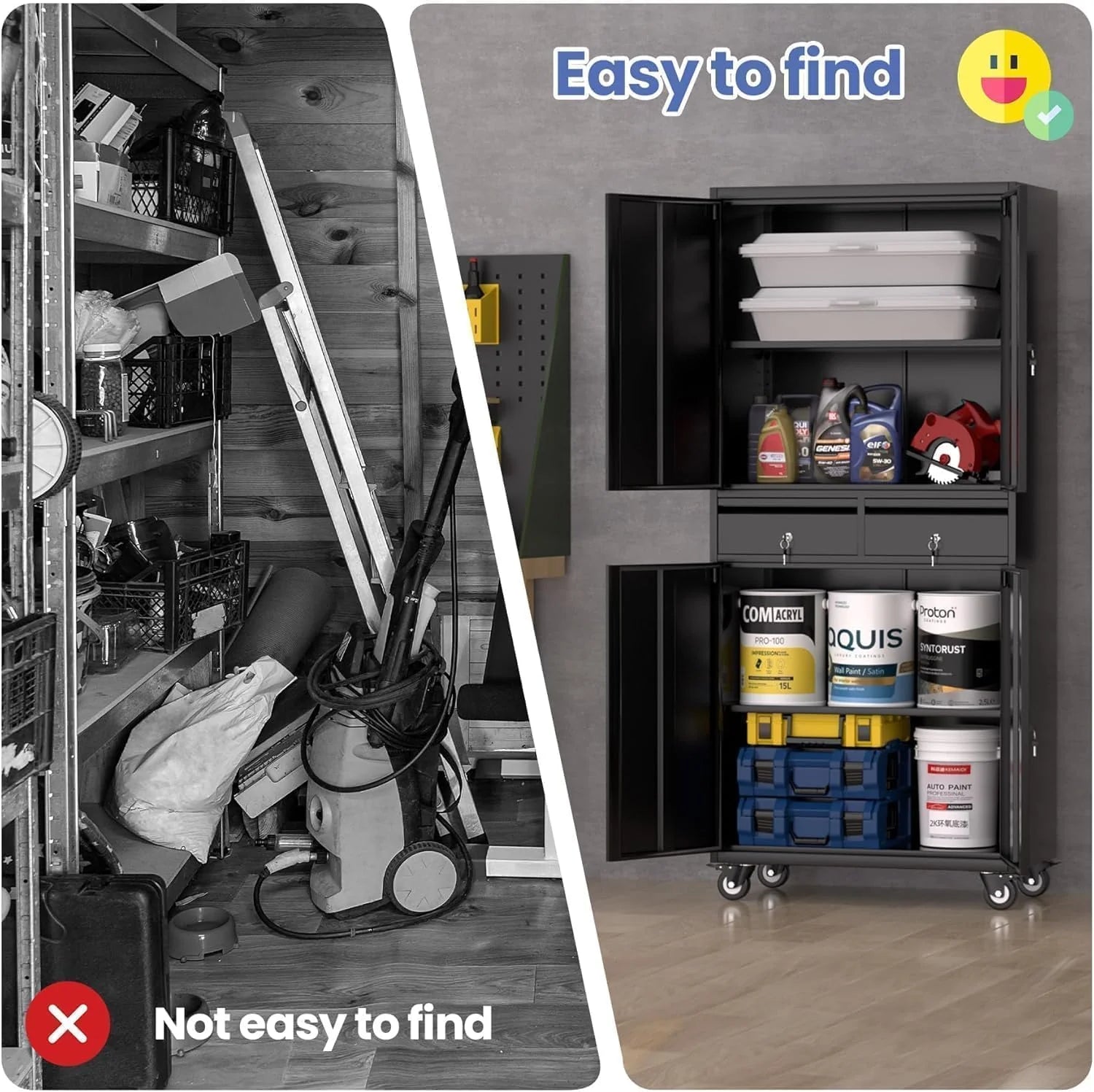 Garvee abschließbarer Metallschrank 180 cm, mobiler Aktenschrank mit feststellbaren Rollen, 2 Schubladen und verstellbaren Einlegeböden, robuster Lagerschrank für Büro, Garage & Werkstatt, Schwarz