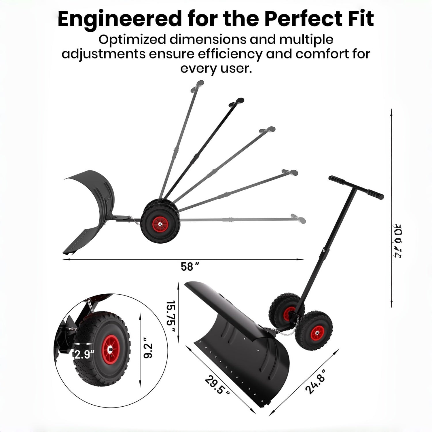 Garvee Schneeschieber mit Rädern – 75x40 cm Stahl-Klinge, 5-fach höhen- & neigungsverstellbar, klappbar & rückenschonend für Einfahrt und Gehweg (Schwarz)