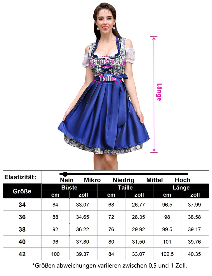 Garvee Damen Dirndl Kurz Set - Midi Trachtenkleid 3tlg. Mit Bluse Und Schürze, Blau Blumen, Für Oktoberfest Und Party, Elegantes Design