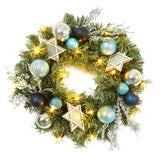 Garvee 18 Zoll Weihnachtskranz Mit 15 LED Lichtern, 45 cm PVC Grün, Weißer Sechszackiger Stern, Blaue Weihnachtskugeln, Metallring Für Tür Wand Kamin - Blau Silber