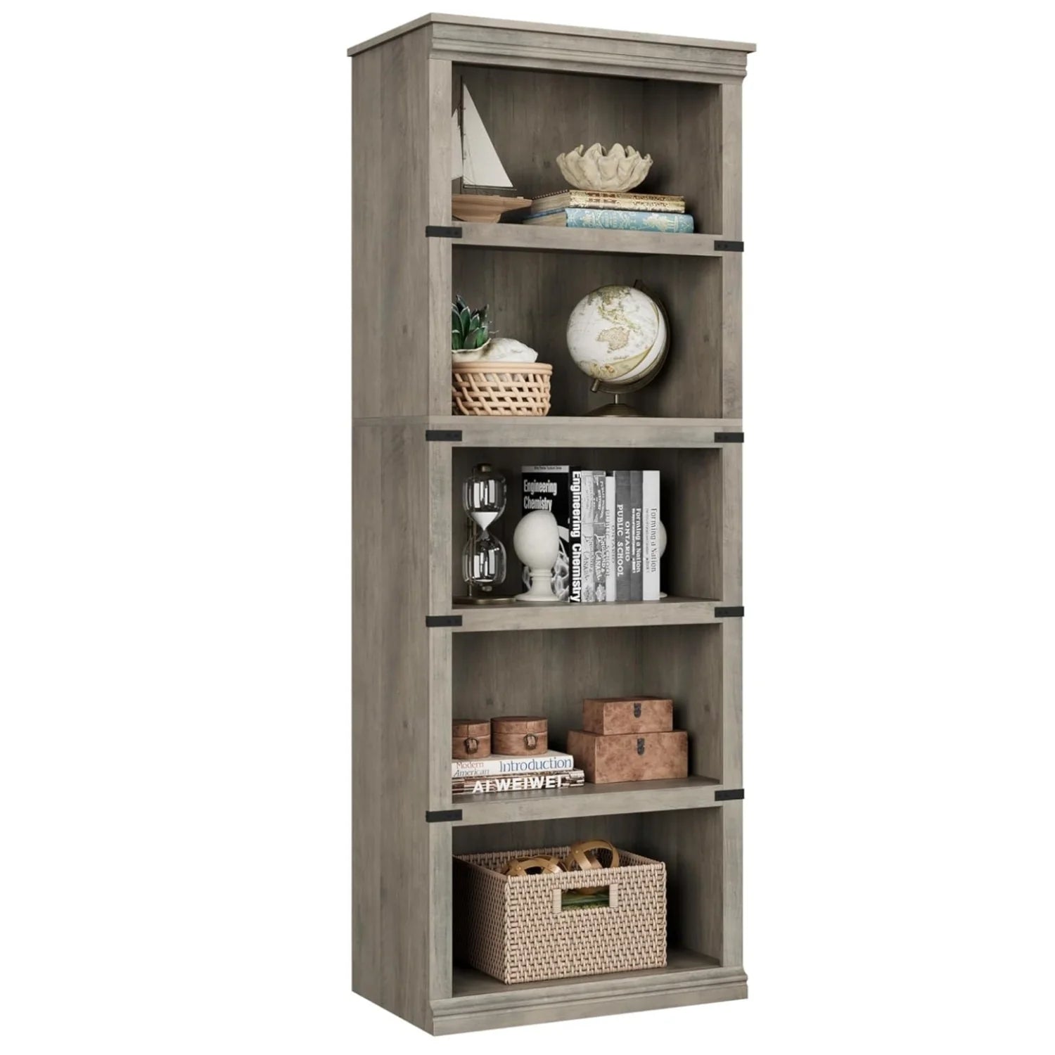 Garvee 5-stöckiges Bücherregal 62 x 32 x 171 cm, stabiles Standregal aus MDF im Kolonialstil, graues Holzregal mit Stauraum für Wohnzimmer, Büro & Arbeitszimmer, Grau