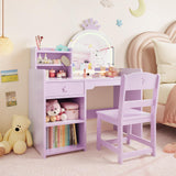 GARVEE Kinder Schminktisch mit Spiegelbeleuchtung, 2-in-1 Prinzessin Vanity Set aus Holz, Mit Stauraum und Regal, Sicher für Mädchenzimmer, Lila - Lila