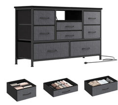 Garvee Kabinett Kommode Mit 8 Schubladen, Metallrahmen, Led-Licht, 3 Steckdosen, 2 USB Für Schlafzimmer Und Wohnzimmer, 121 x 37 x 76 cm, Grau