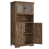 GARVEE Badezimmer-Hochschrank 60 x 30 x 128 cm, Badschrank mit Glastüren und Verstellbaren Regalböden, Freistehender MDF-Aufbewahrungsschrank für Bad & Küche, Braun - Braun