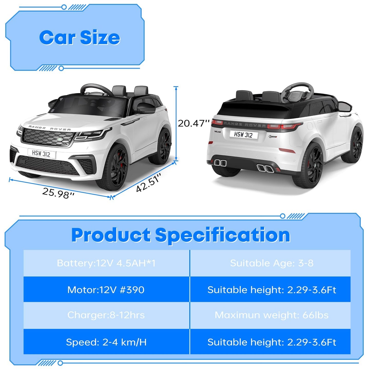 Produktmaße und technische Basisdaten des Land Rover Kinderautos