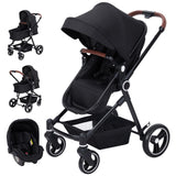 Garvee 3-in-1 Kombikinderwagen Komplett-Set mit Babywanne, Buggy und Auto-Babyschale für Kinder 0-22 kg in Schwarz