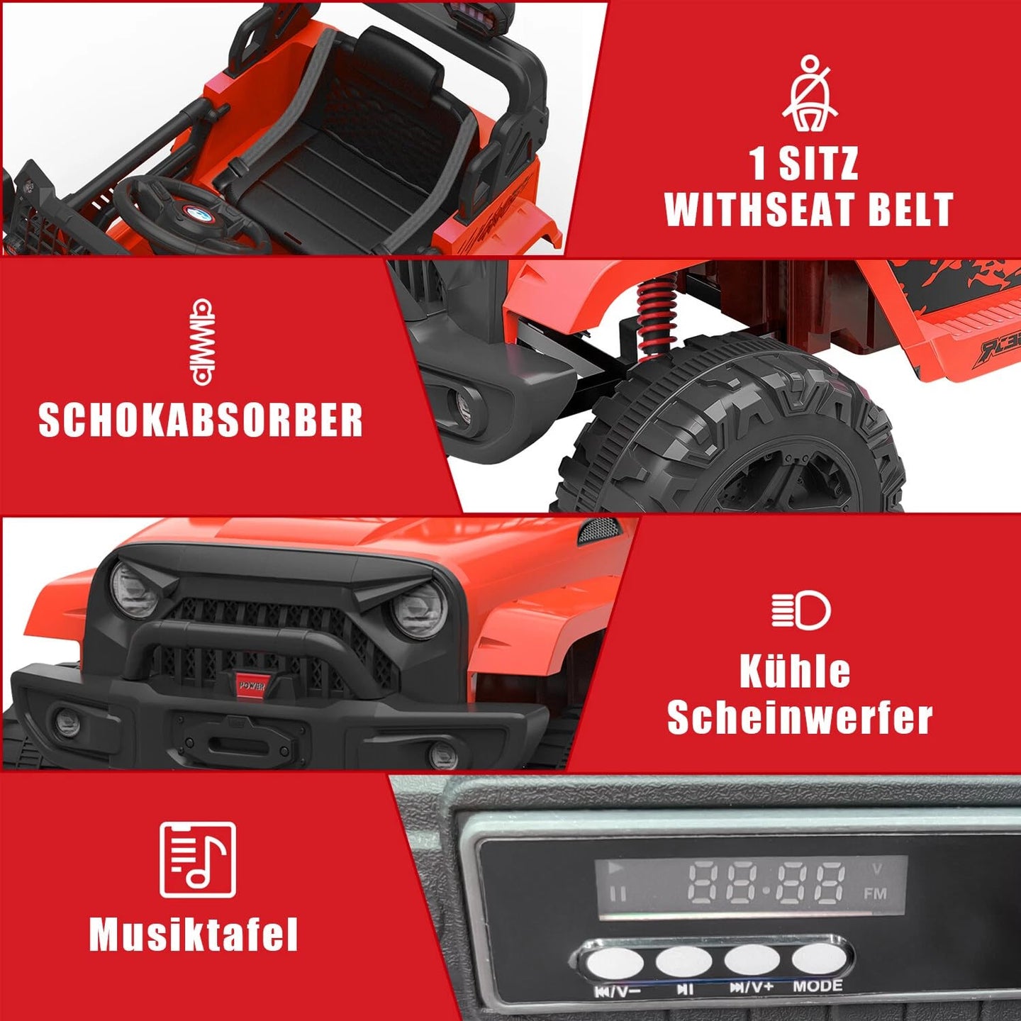Rotes Kinder-Elektroauto mit LED-Scheinwerfern Rückspiegeln und Musikfunktion