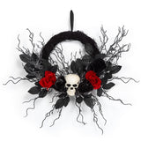Garvee 20 Zoll Halloween Totenkopf Türkranz - Gothischer Weidenkranz Mit Skelett & Schwarzen Rosen Für Innen & Überdachte Außenbereiche, Schwarz - schwarz
