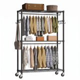 Garvee Rolling Garment Clothes Rack Mit Stahlrahmen, 350 Lbs Tragkraft, 3-Stufige Regale, Rollen Mit Bremse, Schwarz, 15.75"W x 45.28"L x 76.37"H