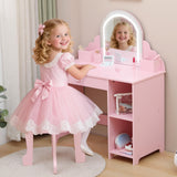 Garvee Kinder Schminktisch Mit LED Licht & Hocker, Verstellbar, MDF, Stauraum, Rosa, Für Mädchen 3-9 Jahre, Spielzimmer & Schlafzimmer - Rosa