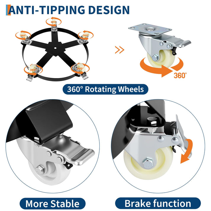 Detail der fünf Rollen, inklusive Lenkrollen mit Bremsen