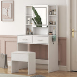 Garvee Coiffeuse Ensemble Mit LED-Spiegel, 2 Schubladen, 4 Regale, Glasplatte, Steckdose, Haartrocknerhalter, Weiß, Modernes Design Für Schlafzimmer