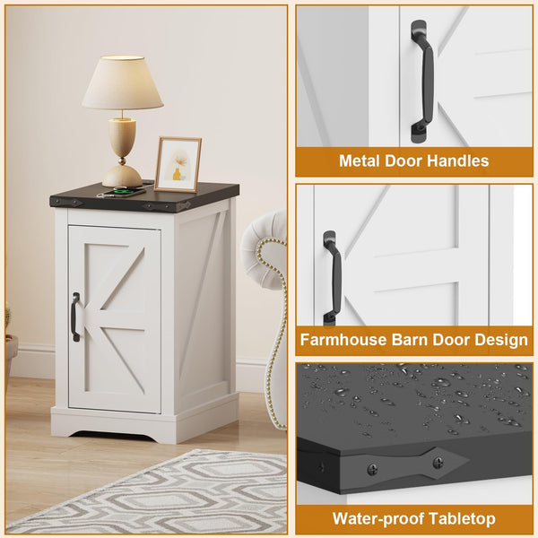 Detailansicht: Farmhouse Scheunentür Design, stabiler Metallgriff und wasserfeste Tischplatte