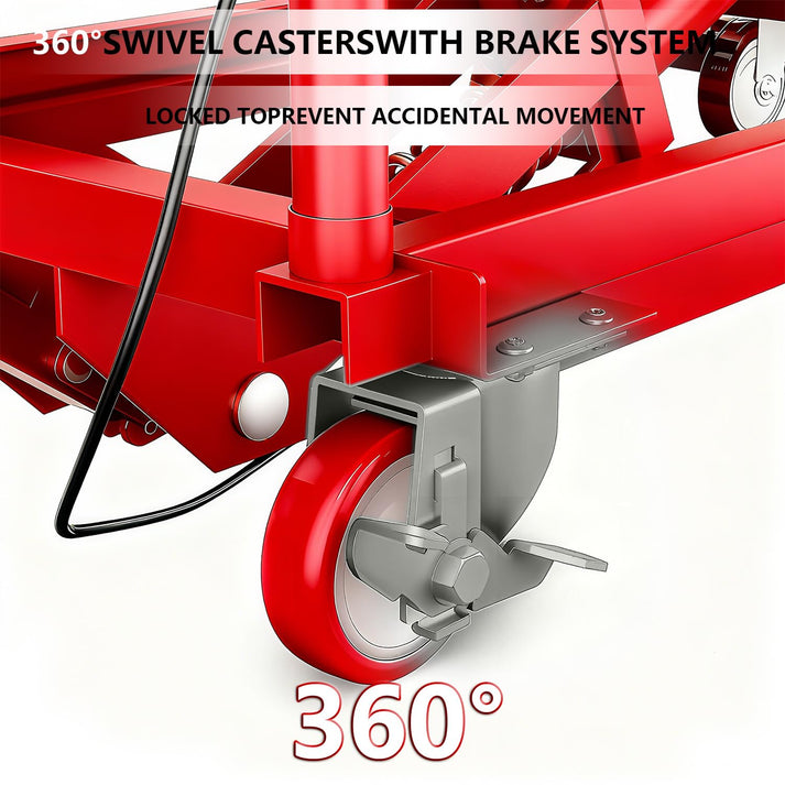 Detail of the four swivel casters, two with brakes