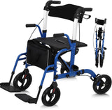 Garvee 2-in-1 Rollator & Transportstuhl, 181 kg(400 lbs), Geländeräder, Doppelbremse, Aluminiumrahmen, Senioren - Blau