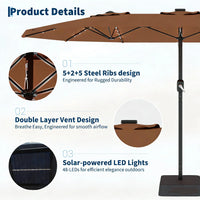 Garvee 270×450 cm Rechteck-Sonnenschirm mit Solar-LED-Beleuchtung & Standfuß, UV-beständiger Gartenschirm mit Kurbelgriff, für Terrasse, Pool & Garten, Braun