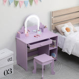 Garvee Kinder Schminktisch Mit Beleuchtetem Spiegel, 2-in-1 Vanity Tisch & Hocker Für Mädchen 3-9 Jahre, MDF, Verstellbare LED-Lichter, Stauraum, Schlafzimmer & Spielzimmer, Weiß - Lila + Accessoires