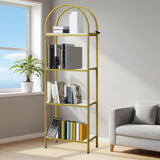 Garvee 4-Stöckiges Bücherregal Mit Bogen, Metallrahmen, Robust Für Wohnzimmer & Büro, 72x24x12 Zoll, Modernes Design - 4-stufige Verstärkung – Weiß+Gold