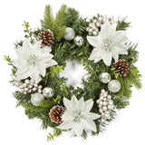 Garvee 16 Zoll Weihnachtskranz Mit Blütenkugeln, Zapfen & Beeren Für Tür, Fenster, Kamin, Innen & Außen, Langlebiges PVC, Wetterfest - Silber