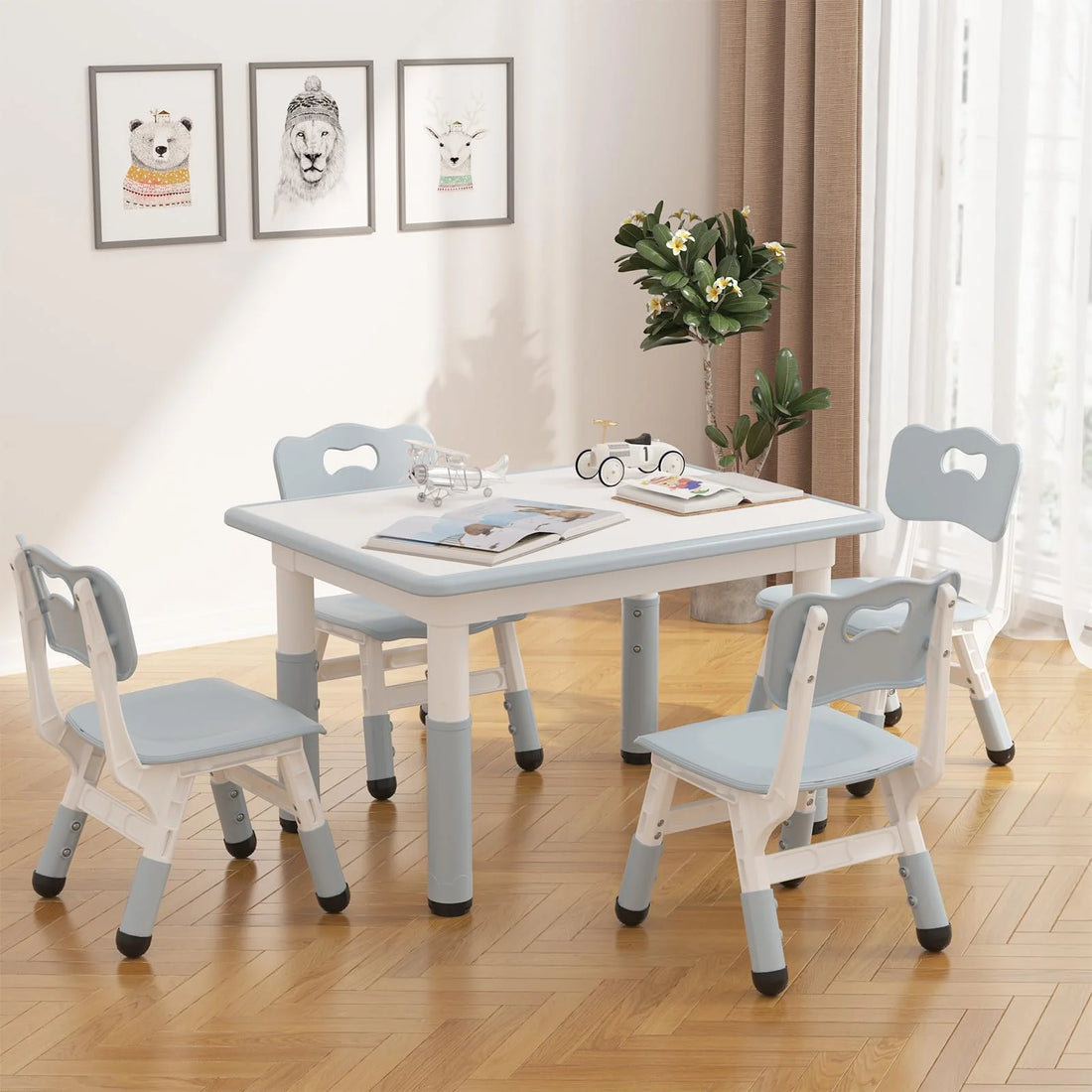 GARVEE Kinder Tisch- und Stuhlset, 80 x 60 cm, Höhenverstellbarer Aktivitätstisch mit 4 Stühlen, Graffiti-Tischplatte, Rutschfeste Beine, Für Spielen, Malen, Lernen & Basteln, Hellgrau
