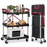 Garvee Klappbarer 3-Stufiger Servierwagen Mit 56 Lbs Tragkraft, Aluminiumrahmen, Gummierte Griffe, 4 Lenkrollen Für Büro Und Zuhause, 83.5cm, Silber