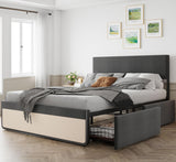 Garvee Queen Size Bettgestell Mit Kopfteil, 2 Schubladen, Metalllatten, Geräuscharm, Grauer Leinenstoff, Schlafzimmer