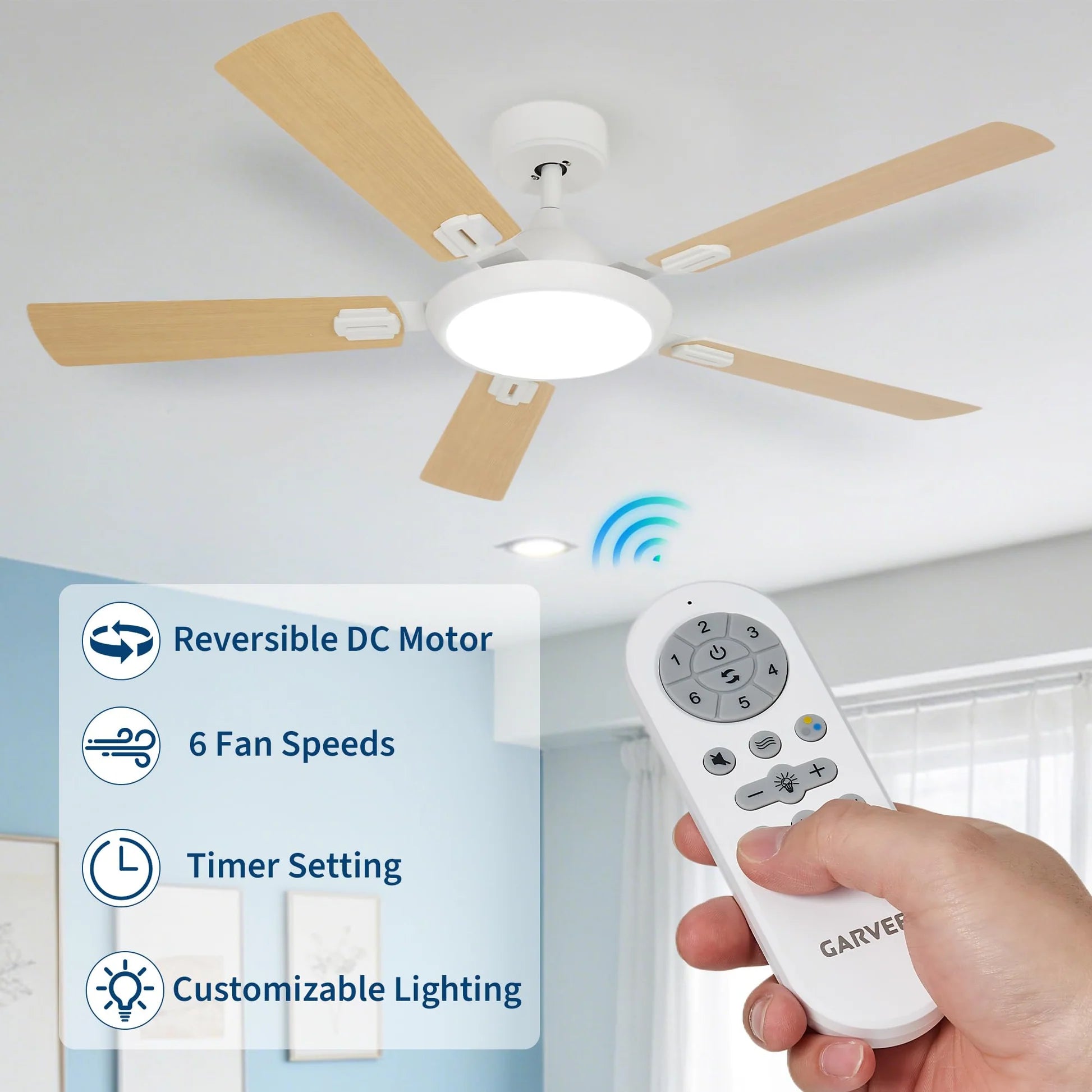 Garvee Deckenventilator 132 cm Mit LED, 6 Stufen, DC Motor, Fernbedienung, Leise