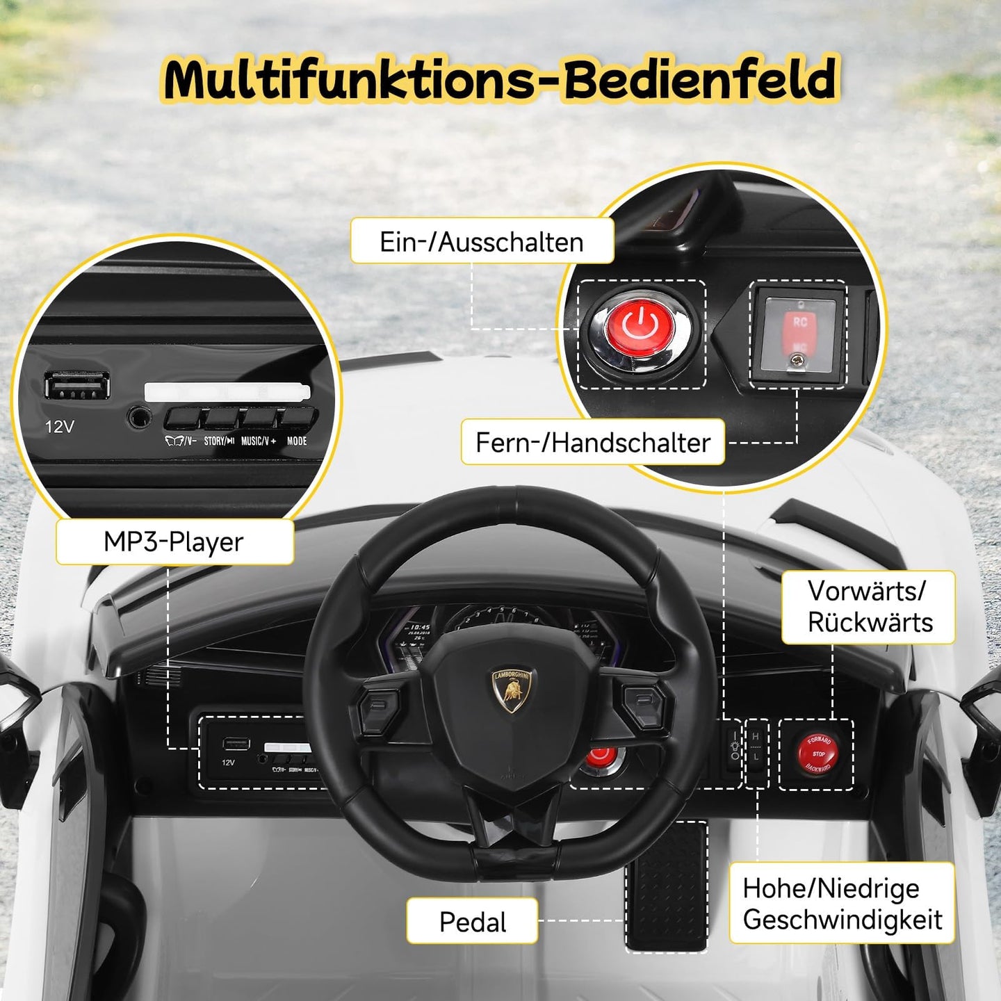Multifunktions-Bedienfeld mit MP3-Anschluss, Modus-Schalter, Geschwindigkeitsregelung und Fahrpedal