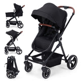 Garvee Kinderwagen 2-in-1 Buggy – Für 0–36 Monate, Bis 22 kg, Große Räder, Travel System, Klappbar, Schwarz - Schwarz