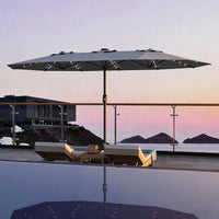 Garvee 270×450 cm Rechteck-Sonnenschirm mit Solar-LED-Beleuchtung & Standfuß, UV-beständiger Gartenschirm mit Kurbelgriff, für Terrasse, Pool & Garten, Grau