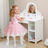Garvee Kinder Schminktisch Mit LED Licht & Hocker, Verstellbares Licht, Stauraum, MDF, Weiß, Für Mädchen 3-9 Jahre, Schlafzimmer & Spielzimmer - Weiß
