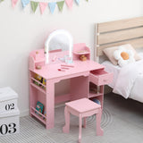 Garvee Kinder Schminktisch Mit Beleuchtetem Spiegel & Hocker, MDF, LED Lichtmodi, Stauraum, Für Mädchen 3-9 Jahre, Schlafzimmer & Spielzimmer, Weiß - Rosa