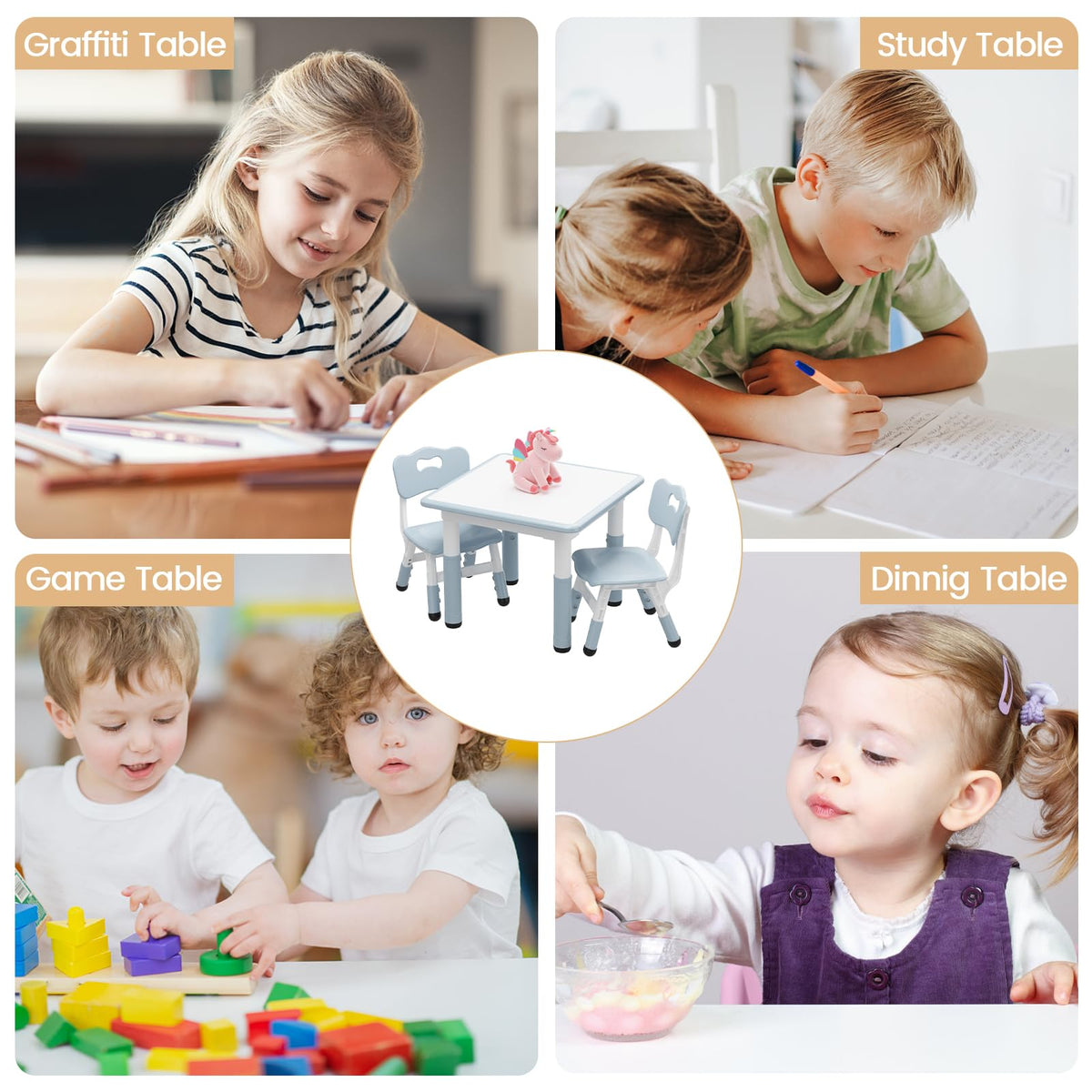 Multifunktionales blaugraues Kindertisch Set zum Essen Malen und Spielen