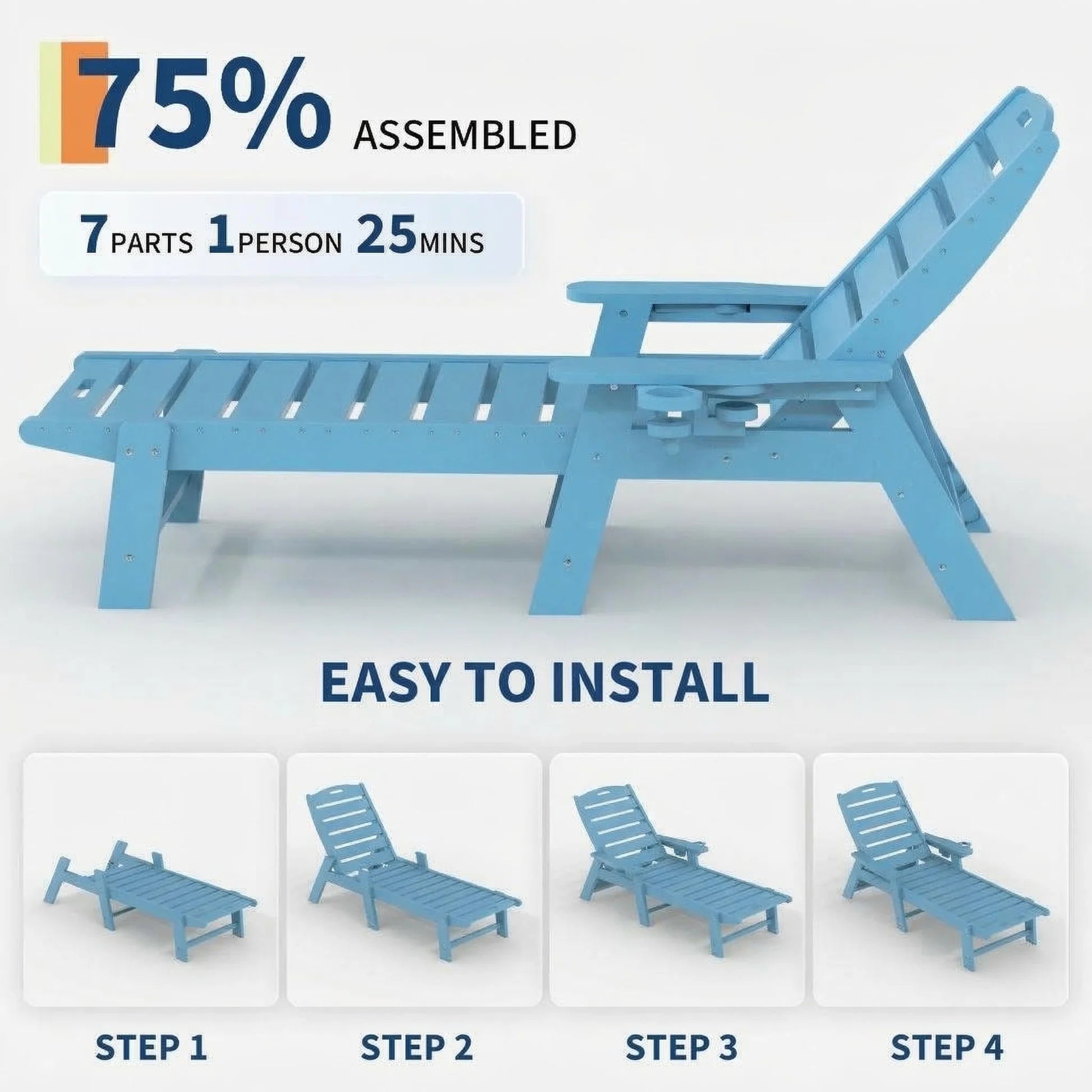 GARVEE HDPE Gartenliege mit Rädern, Verstellbare Sonnenliege mit Getränkehalter, Wetterfest und Pflegeleicht, Ideal für Pool, Strand und Garten, Blau